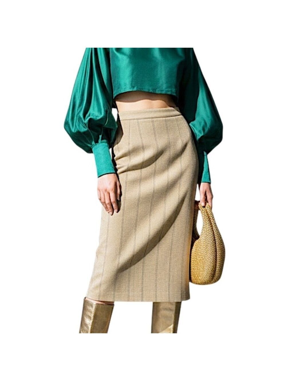 NWT 90s Canadian made black tan check knee length old money straight skirt 12